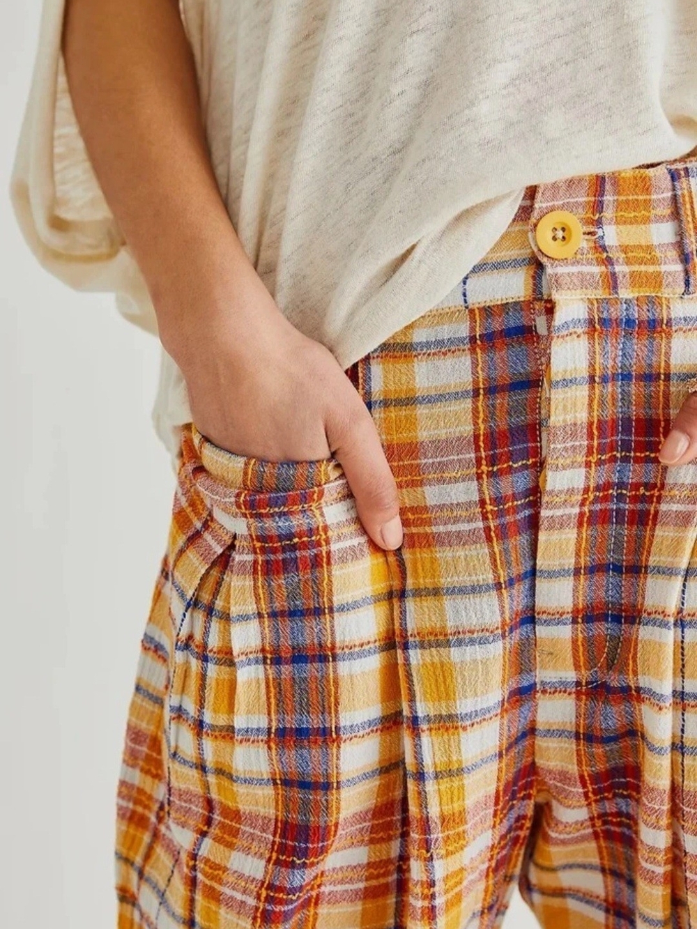 FREE PEOPLE Make A Stand Plaid Trousers NWT Large Mustard Tartan Statement Pants - Picture 3 of 10